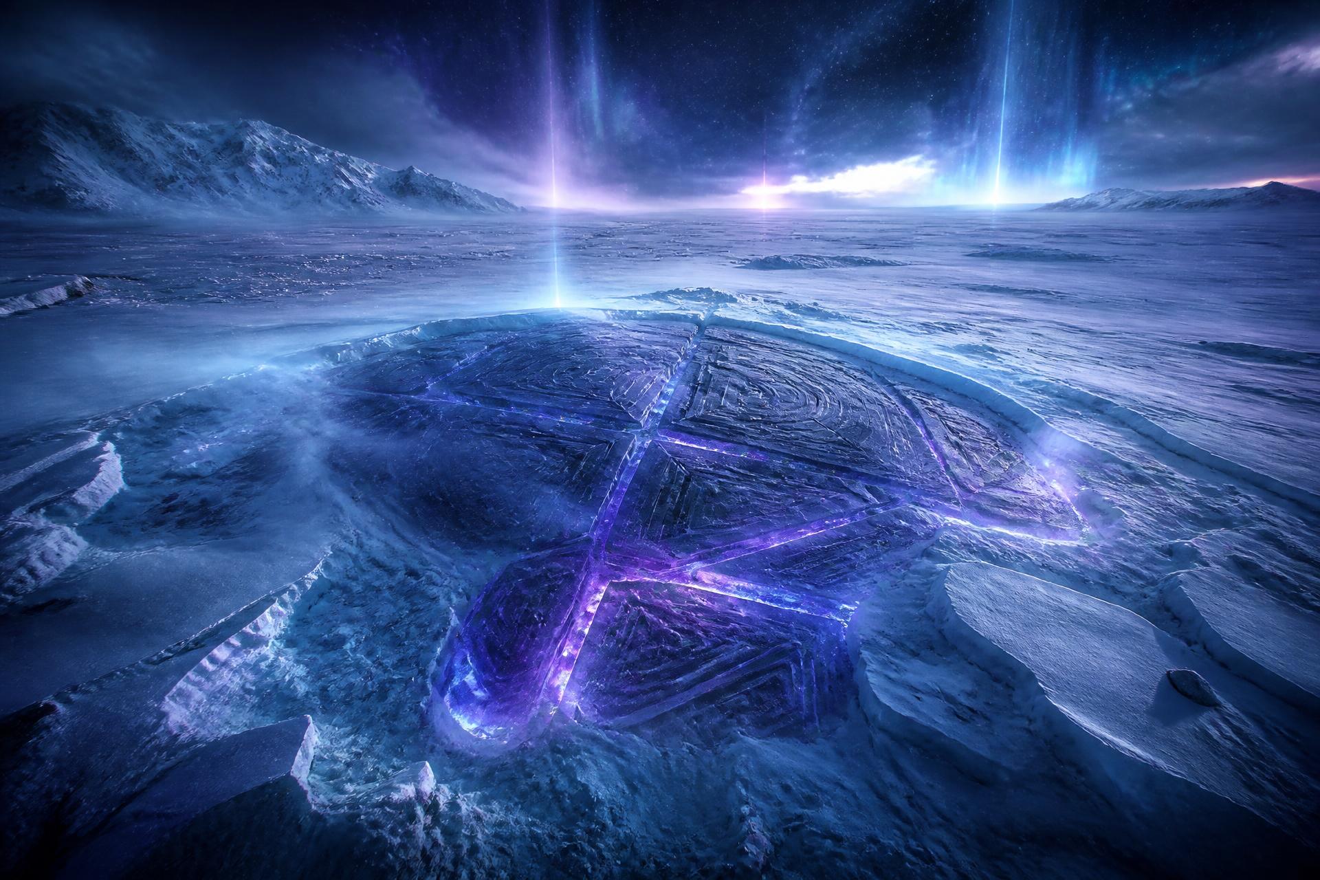 Ancient geometric structure buried beneath Antarctic ice glowing violet